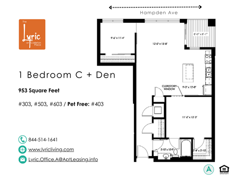 Floor plan for 1 bed, 1 bath, 953 sqft